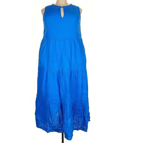 Boden 100% Cotton Gauze Blue Double Cloth Maxi Tiered Dress Size 22 Regular - Picture 2 of 13